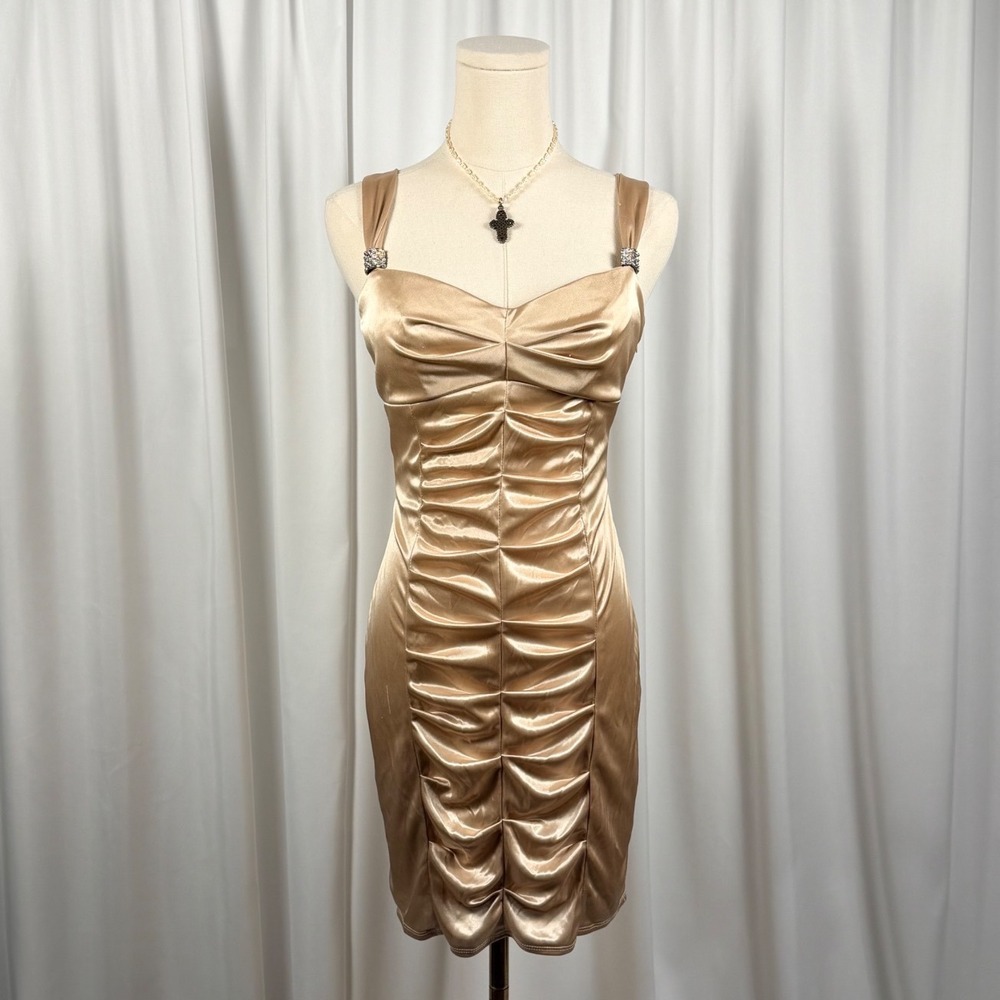 Satin Ruched Bodycon Mini Dress Rhinestone Straps Size 7